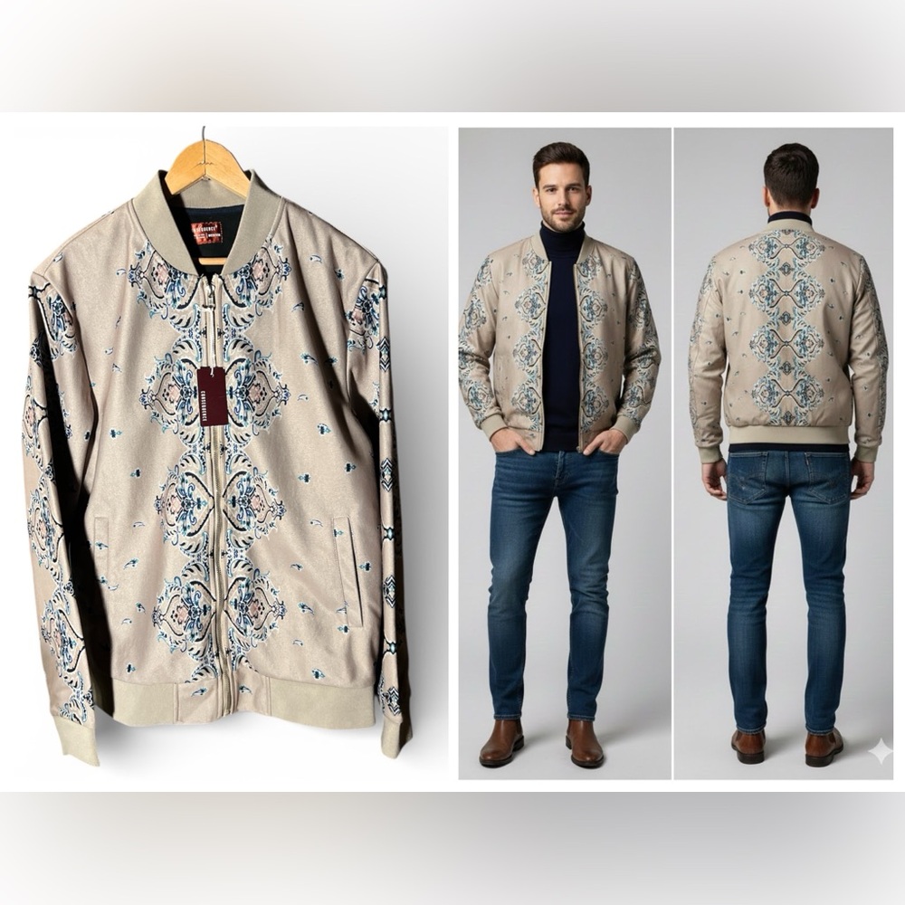 Men's Beige Patterned Bomber Jacket
